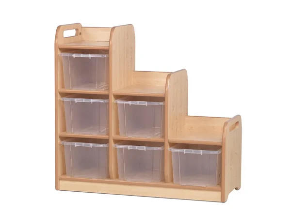 Étagère en escalier séparateur gauche avec 6 boîtes de rangement transparentes — Millhouse jeu d'apprentissage École