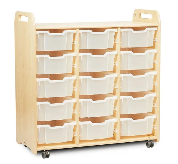 Meuble de rangement à plateaux (3 colonnes, hauteur 1080 mm) avec 15 plateaux profonds — Millhouse Lernspielzeug Schule
