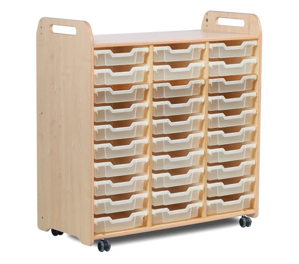 Meuble de rangement à plateaux (3 colonnes, hauteur 1080 mm) avec 30 plateaux plats — Millhouse Lernspielzeug Schule