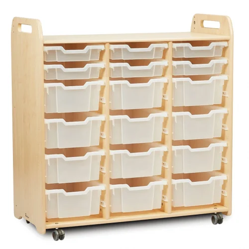 Meuble de rangement à plateaux (3 colonnes, hauteur 1080 mm) avec 6 plateaux plats et 12 plateaux profonds — Millhouse Lernspielzeug Schule