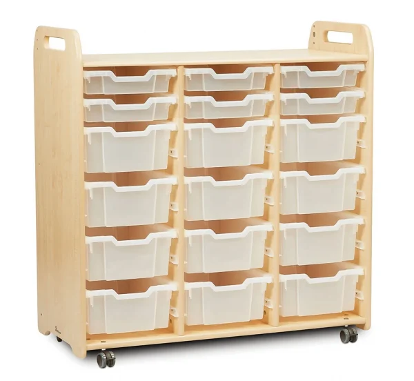 Meuble de rangement à plateaux (3 colonnes, hauteur 1080 mm) avec 6 plateaux plats et 12 plateaux profonds — Millhouse Lernspielzeug Schule