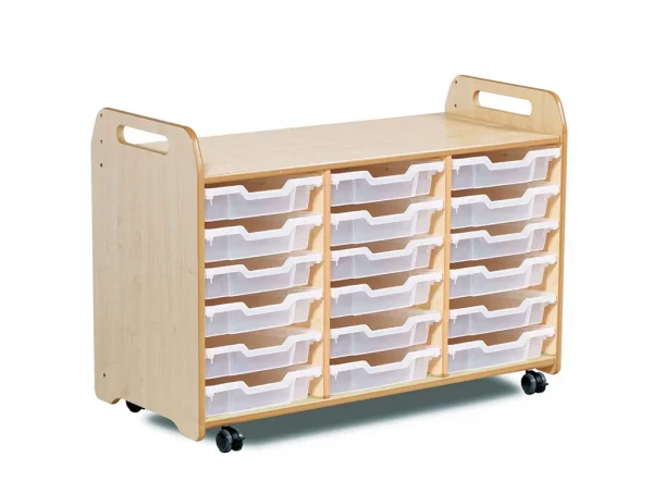 Meuble de rangement à plateaux (3 colonnes, hauteur 730 mm) avec 18 plateaux plats — Millhouse Lernspielzeug Schule