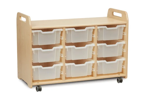 Meuble de rangement à plateaux (3 colonnes, hauteur 730 mm) avec 9 plateaux profonds — Millhouse Lernspielzeug Schule
