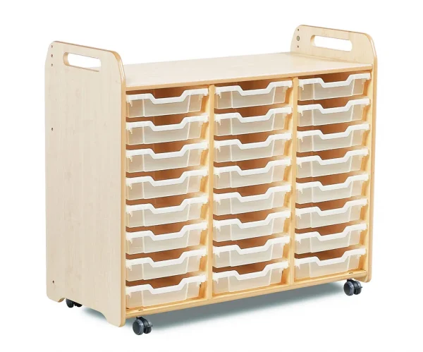 Meuble de rangement à plateaux (3 colonnes, hauteur 900 mm) avec 24 plateaux plats — Millhouse Lernspielzeug Schule