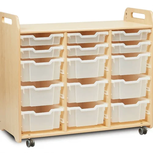 Meuble de rangement à plateaux (3 colonnes, hauteur 900 mm) avec 6 plateaux plats et 9 plateaux profonds — Millhouse Lernspielzeug Schule