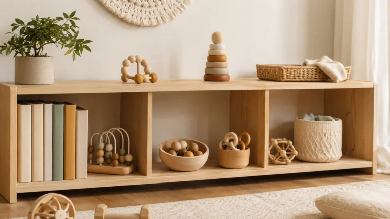 Étagère de crèche ouverte avec anneaux de dentition, sets de perles en bois, tour d'empilement et livres d'images à la hauteur de l'enfant.