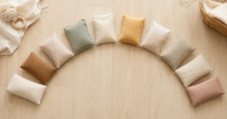 Demi-cercle de dix sacs tactiles de couleurs et tailles différentes, remplis de matière naturelle.