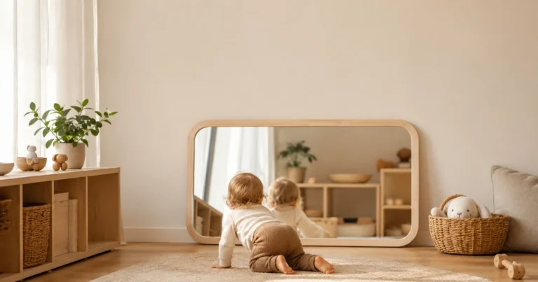 Galaxy Mirror Maple dans un coin de crèche, enfant (vue arrière) qui rampe devant.