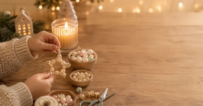 Table avec matériel de bricolage, bougie allumée et guirlande lumineuse flou en arrière-plan. Mains d'enfant enfilent une étoile.