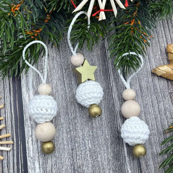 Ornement de Noël Perle crochetée Kit créatif 3 pièces - blanc-or — Kiki-Ena Fournitures créatives Bois naturel