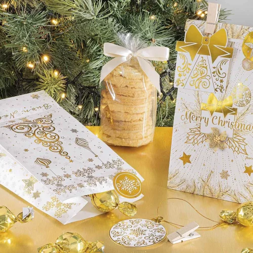 Sachet Papier Noël Doré avec Clip, Étiquette et Autocollant — Kiki-Ena Bricolage Bois Naturel