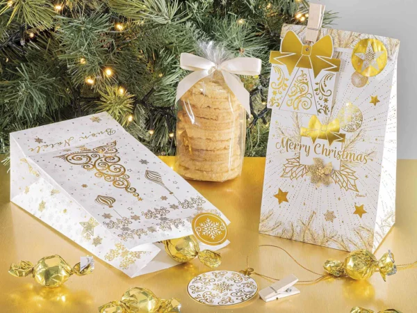 Sachet Papier Noël Doré avec Clip, Étiquette et Autocollant — Kiki-Ena Bricolage Bois Naturel