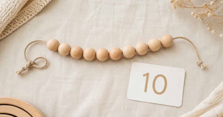 Dix perles de bois enfilées sur une corde, à côté une carte avec le chiffre « 10 ».